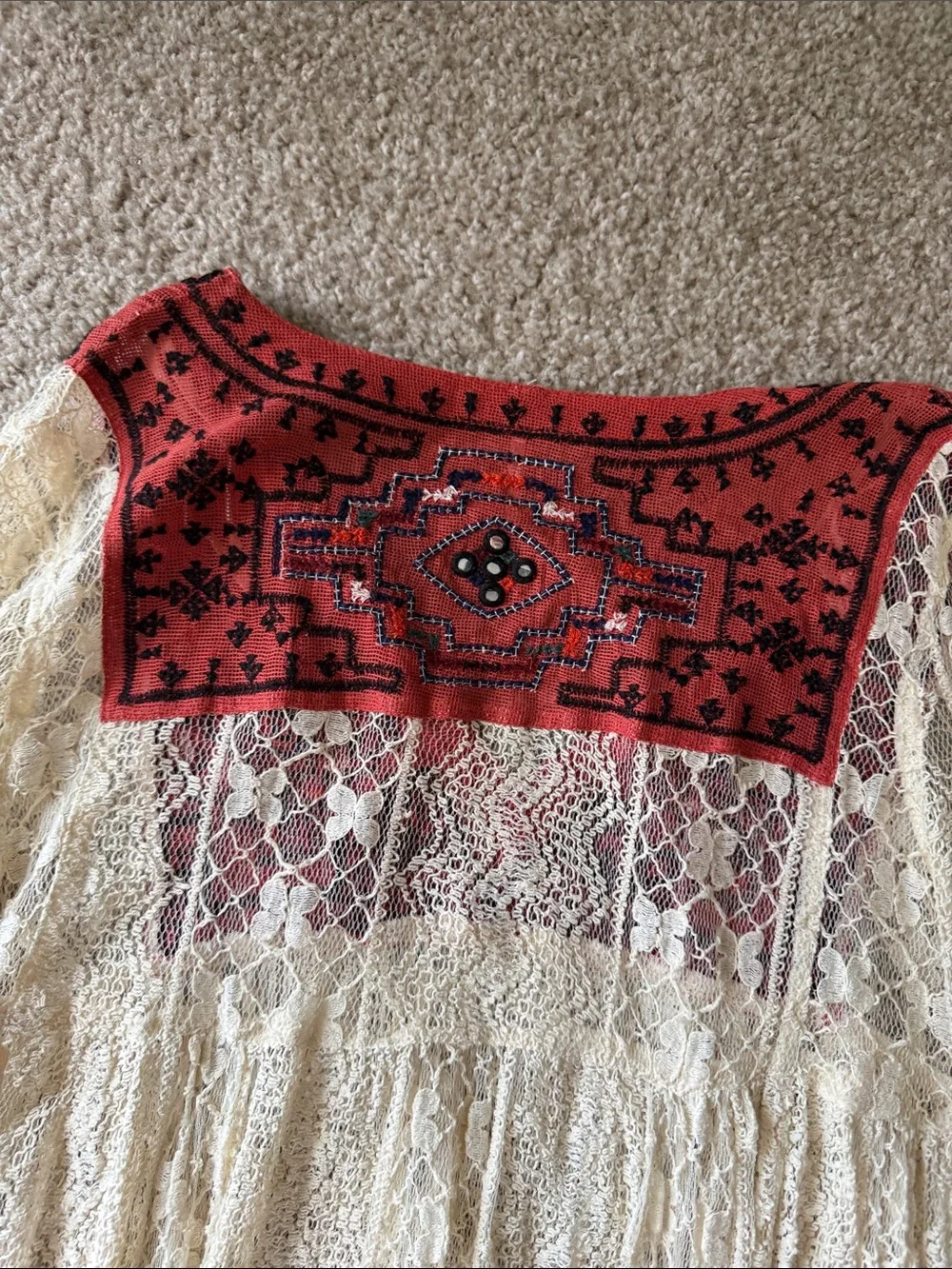 Free People Women’s Cream Lace Tunic with Red Embroidered Yoke + Mirrors SMALL